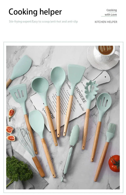12pcs Set of Silicone Wooden Handle Kitchen Utensils Set Non Stick Pot Spoon