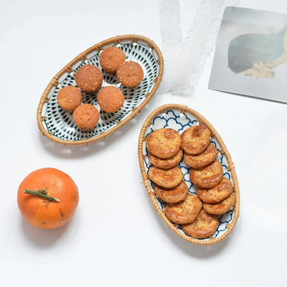 Rattan Woven Rim Ceramic Fruit Plate – Multi-Purpose Snack & Dessert Tray