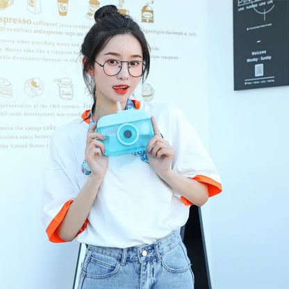 Cute Camera Shaped Water Bottle with Straw & Crossbody Strap