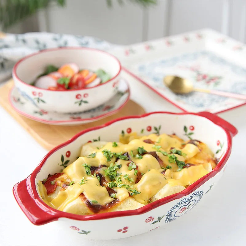 Flowers Rectangular Oval Ceramic Bakeware Pan with Handle – Multi-Size Baking Dish