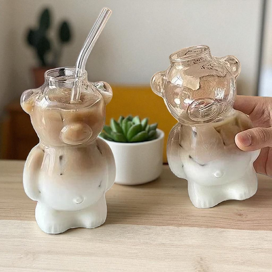 Cartoon Bear Shaped Coffee Mug – Cute Glass Cup with Straw