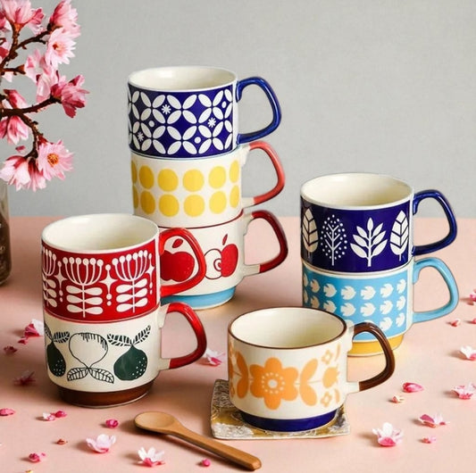 300ml Floral Geometric Retro Style Ceramic Coffee Mug