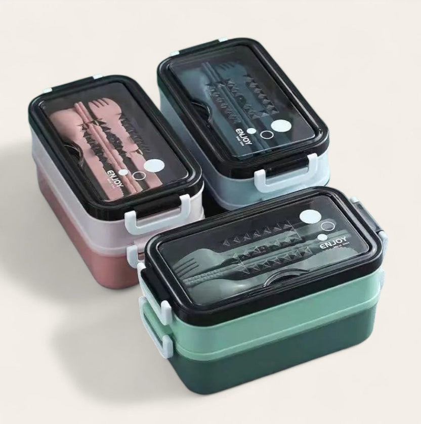 Double-layer Lunch Box With Fork Chopsticks And Spoon 1400ml