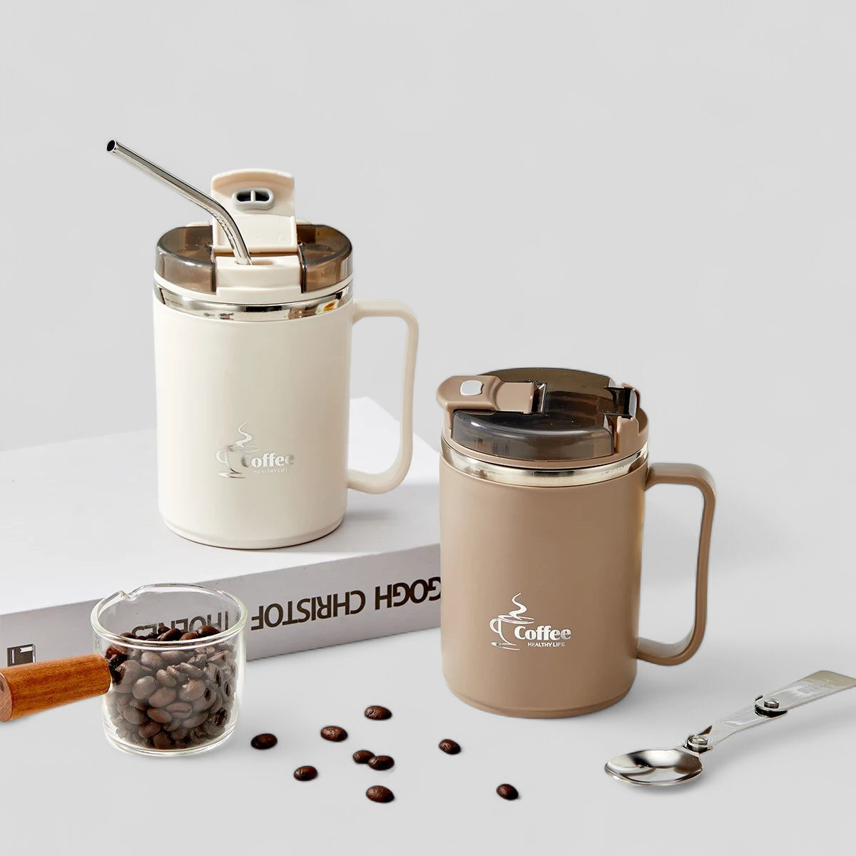 Double-Wall Thermal Coffee Cup With Strainer&Spoon Portable Leak Proof Coffee Mug