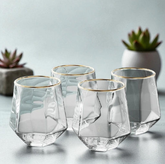 4pcs Hexagonal Glass Set with Gold Rim – Luxury Drinkware
