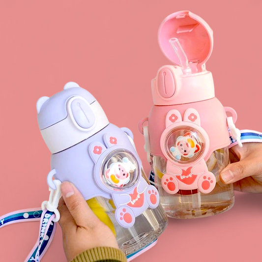 600ML Cute Cartoon Water Bottle with Straw & Removable Strap