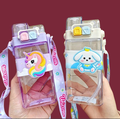 520ml Cute Water Bottle – Rectangular Shape with Strap, 2-Way Sip Style