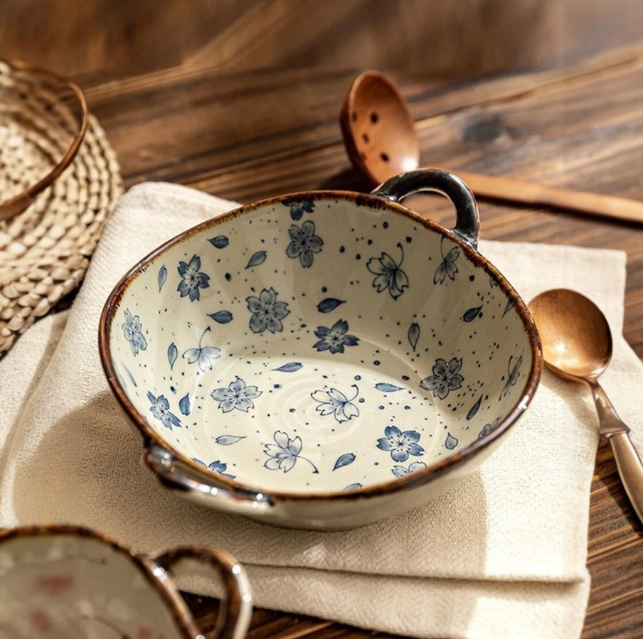 Beautiful Ceramic Pottery Bowl – Floral Rustic Pattern with Handle (7.5 Inch)