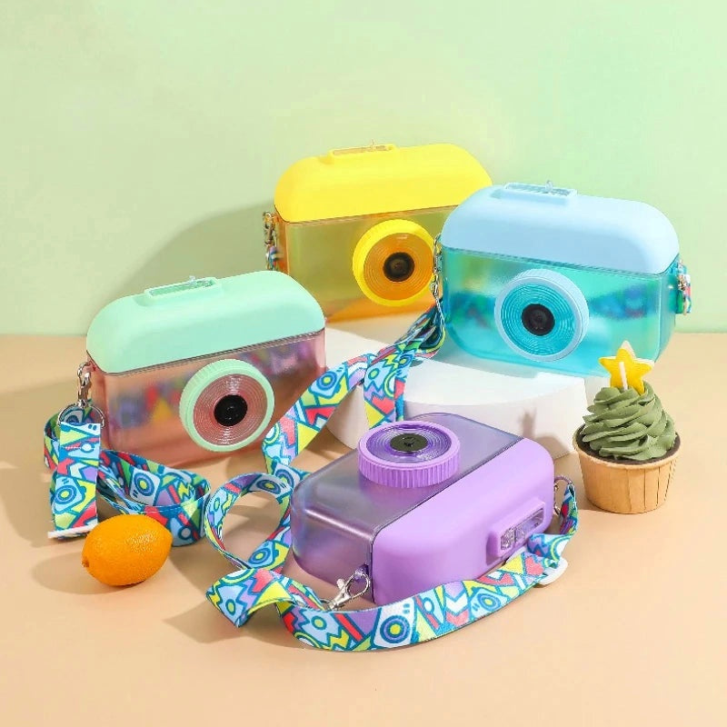 Cute Camera Shaped Water Bottle with Straw & Crossbody Strap